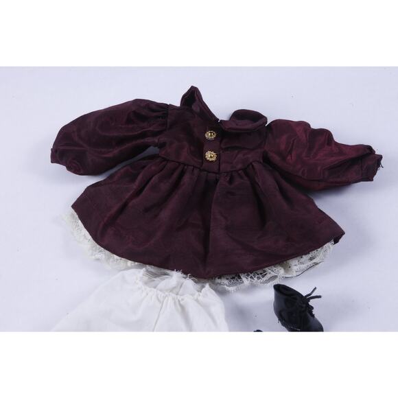 Female Doll Clothing Set, 12" Dark Red Dress, White Underpants, Black Shoes, - Picture 2 of 4